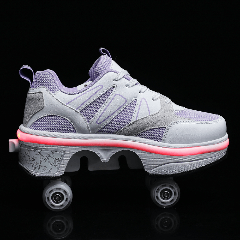 violet shoes with wheels for kids and girls glowing LED stripe on black background