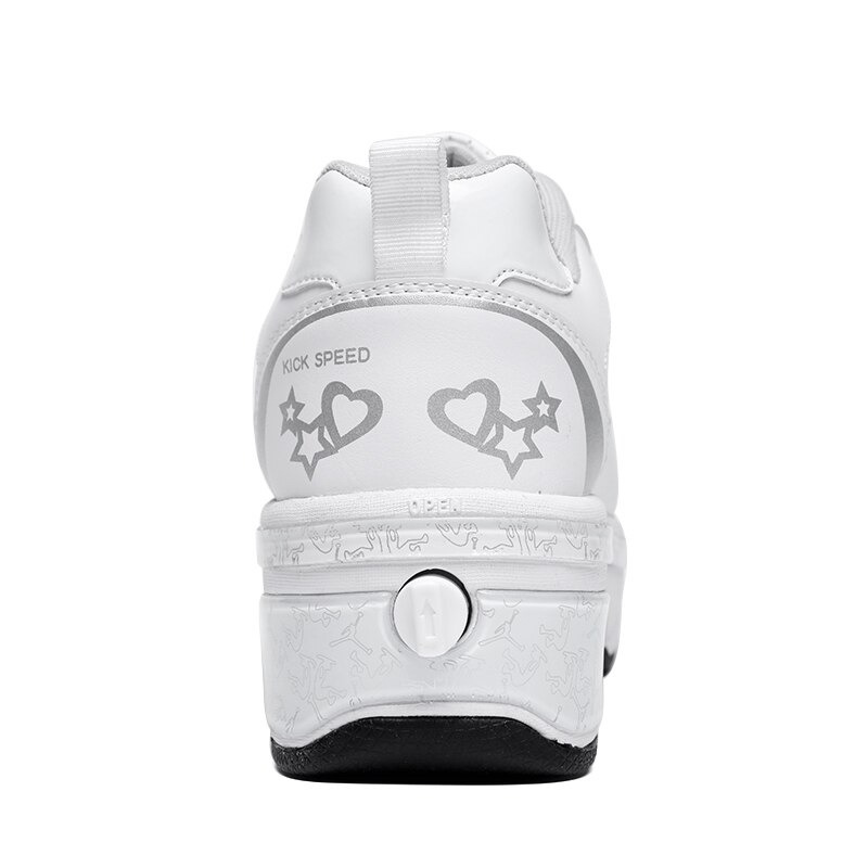 rear view of Kick Speed white roller skate shoes, heel button and heart detail visible