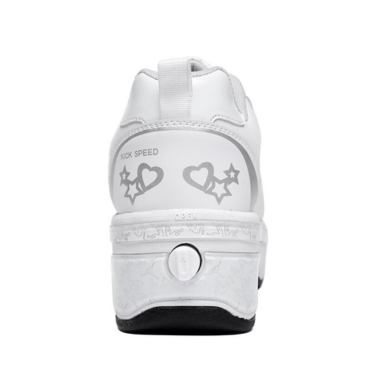 rear view of Kick Speed white roller skate shoes, heel button and heart detail visible