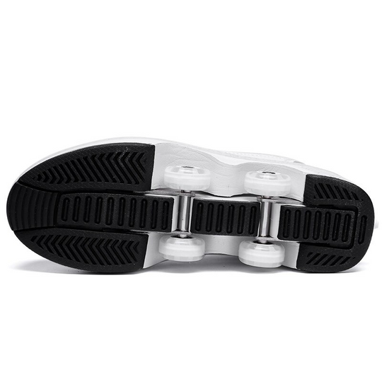 bottom view of Kick Speed white roller shoes, retractable mechanism and black outsole