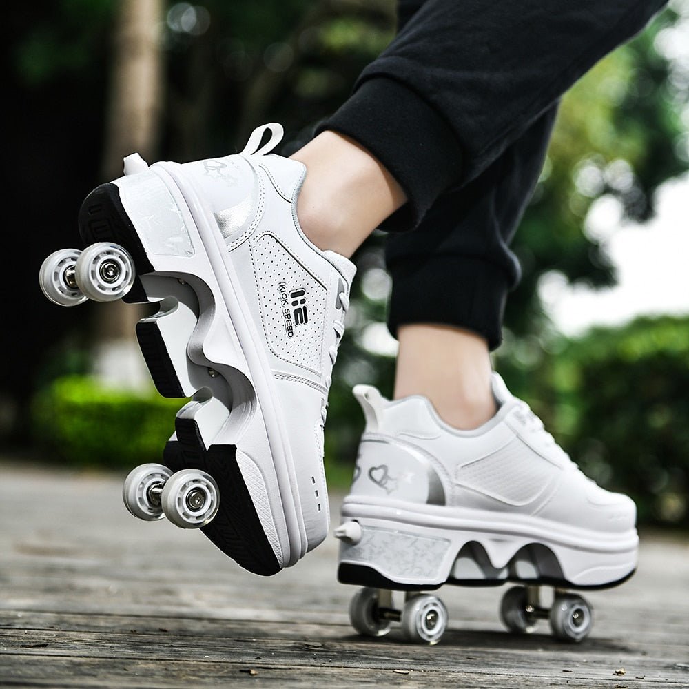 white roller skate shoes with LED lights and pop-out wheels Kick Speed Original LOW edition