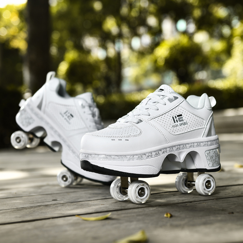 white roller skate shoes, Kick Speed low top sneakers in park
