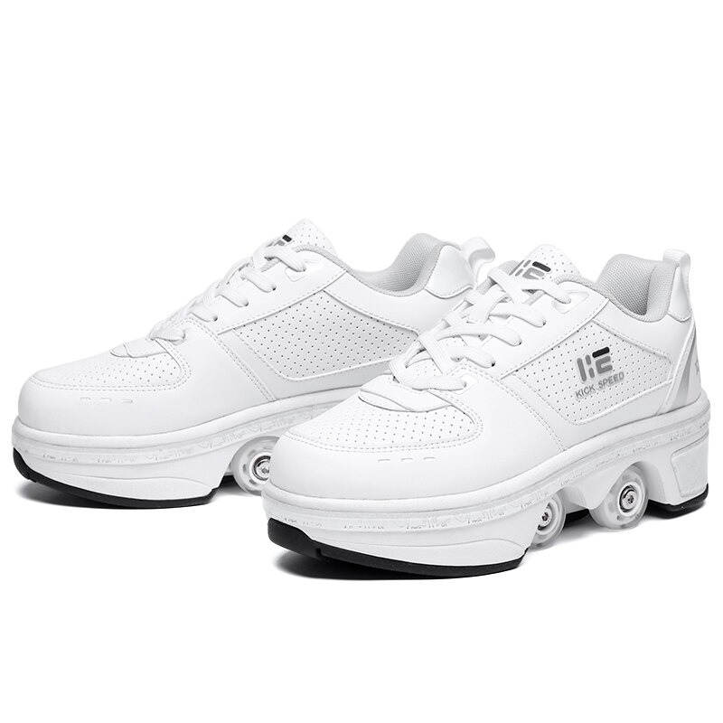 Pair of Kick Speed white roller skate shoes, side view with retractable wheels, studio background