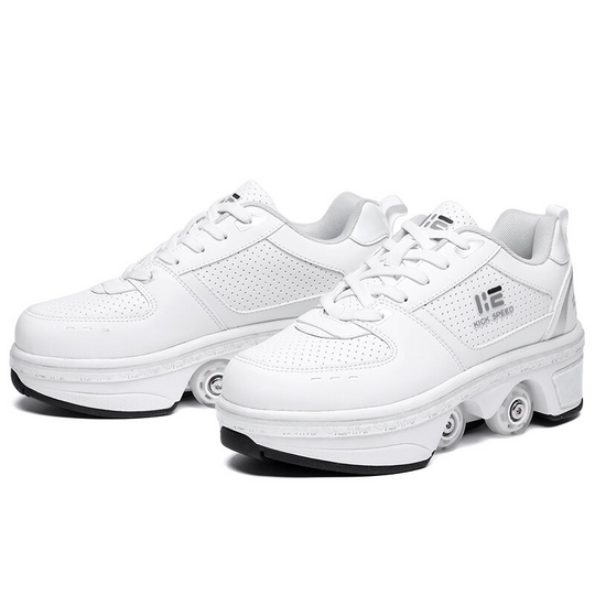 Pair of Kick Speed white roller skate shoes, side view with retractable wheels, studio background