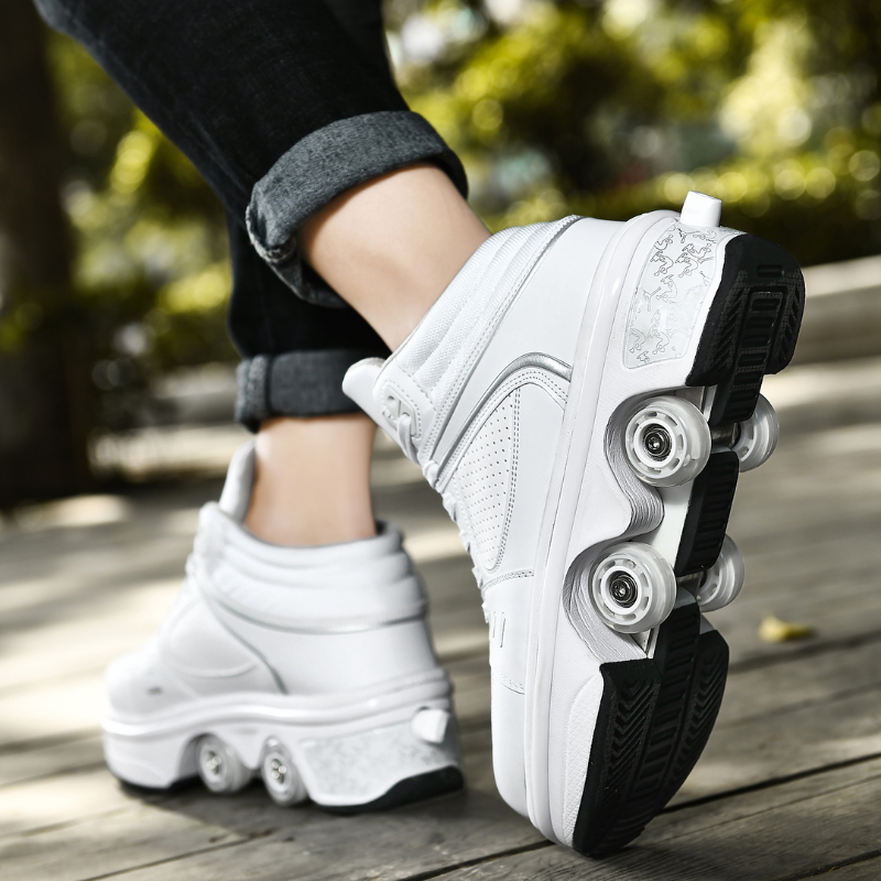 woman wearing white low top roller shoes, Kick Speed sneakers, outdoor skating photo