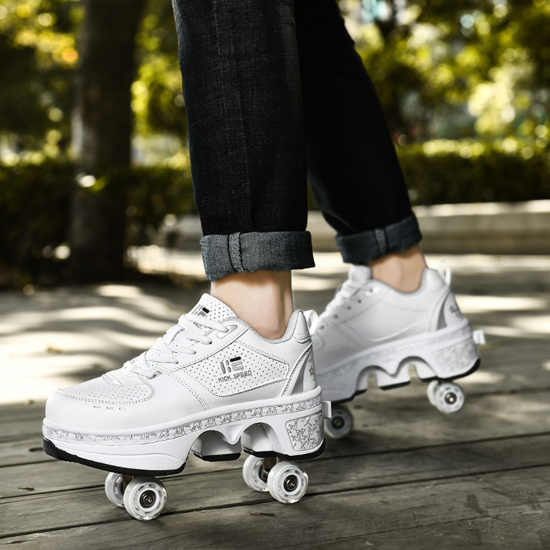 woman walking in white Kick Speed roller shoes, casual outdoor photo, shoes with wheels for women
