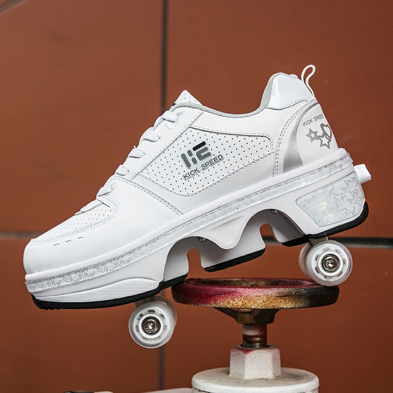 white Kick Speed roller shoes on display stand, retractable wheels extended