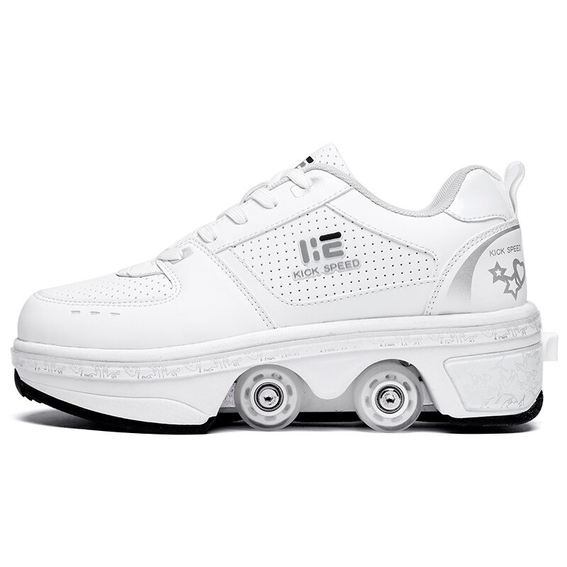 white roller shoes side profile, Kick Speed logo, four wheel retractable system