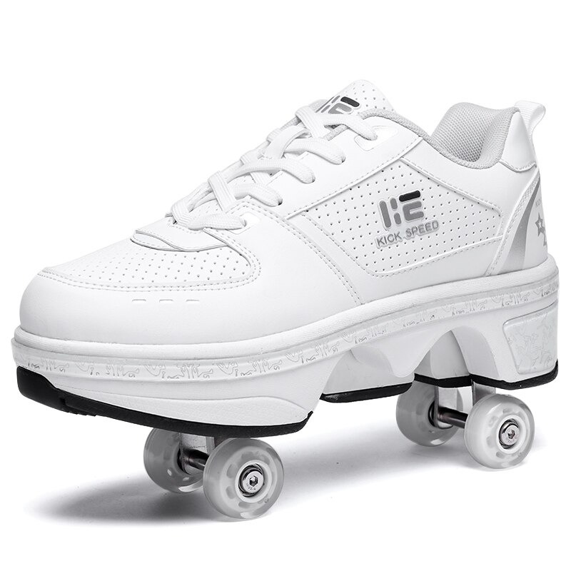 side view of Kick Speed white roller skate shoes, retractable wheels visible, product image