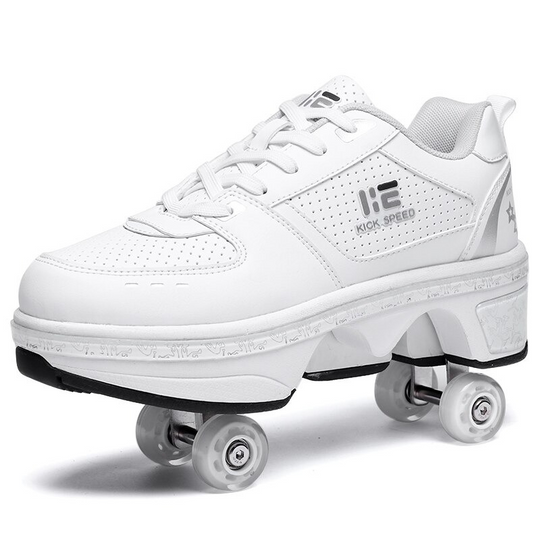 side view of Kick Speed white roller skate shoes, retractable wheels visible, product image