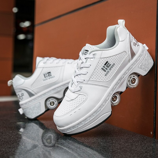 diagonal pair, white roller shoes, casual street photo