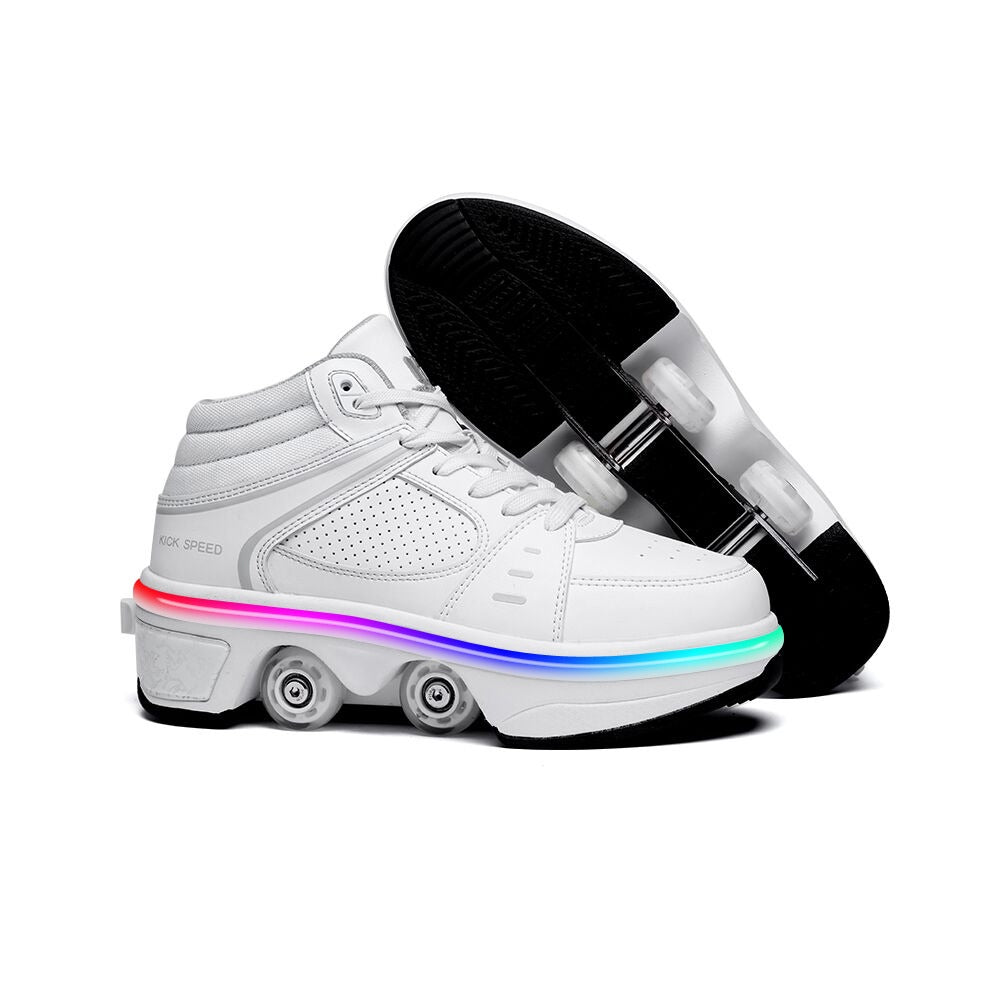 Kick Speed Roller Skate Shoes Original MID with LED lights, white mid top sneakers with retractable wheels, front left angle
