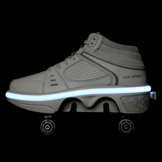 white LED roller sneakers glowing blue, Kick Speed roller shoes, isolated studio photo, black background
