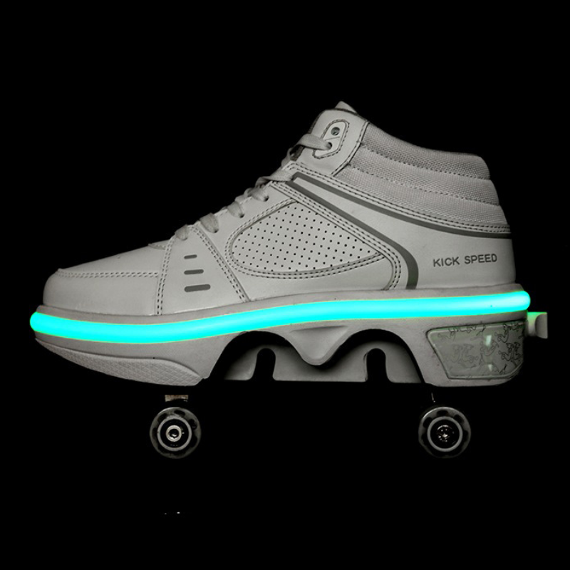 retractable LED roller shoes, white mid top sneakers with wheels visible, clean product photo, black background
