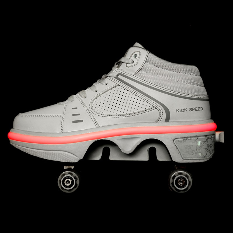 white LED light roller sneakers glowing red, side profile view, black background
