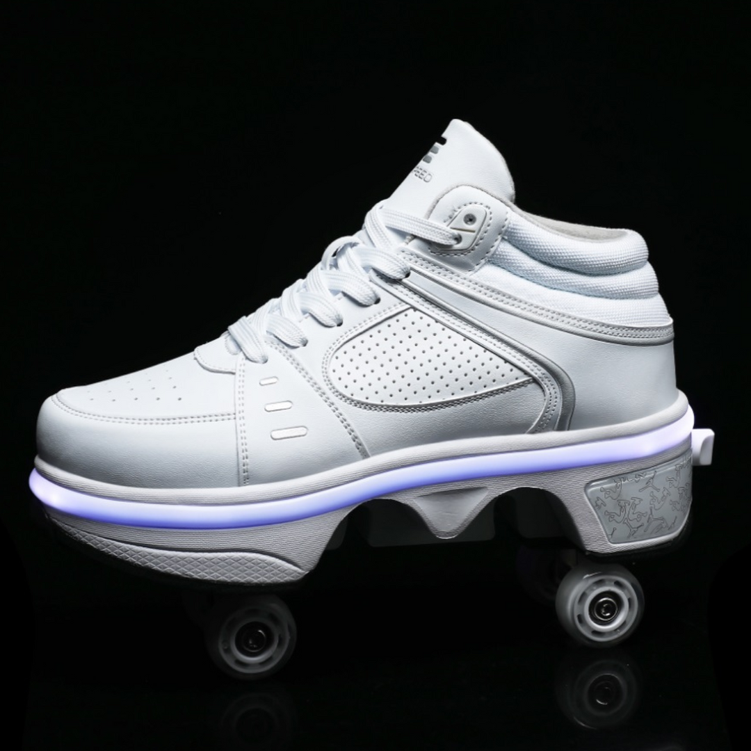 LED roller sneakers glowing pirple, Kick Speed white shoes, studio lighting
LED roller shoes glowing blue, night display, side profile close up
