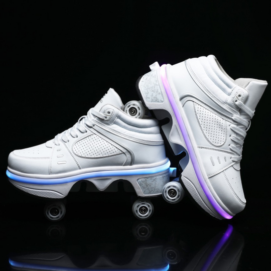 LED roller shoes glowing blue and purple light, right side view on black background