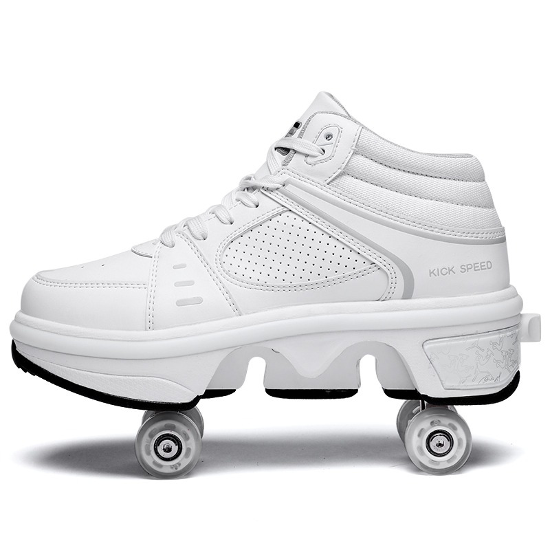 white roller shoes with LED light strip, side view with wheels extended, gallery ending photo on white background
