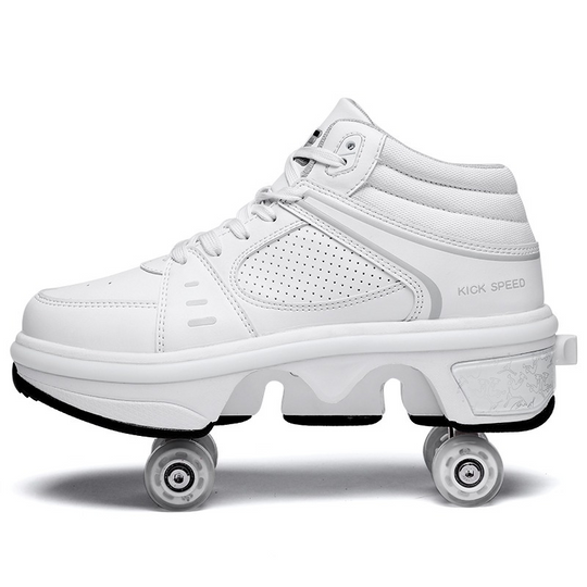 white roller shoes with LED light strip, side view with wheels extended, gallery ending photo on white background
