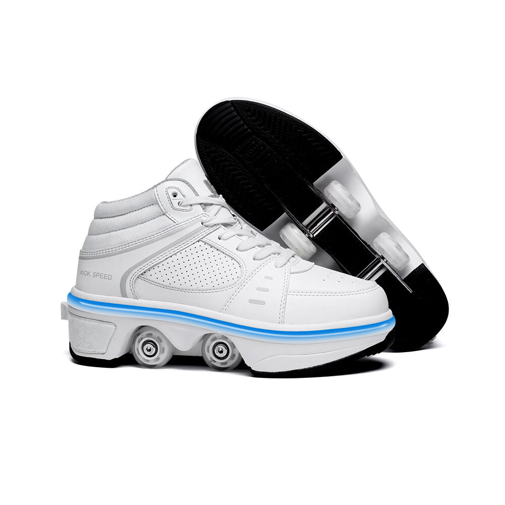 white roller skate shoes with wheels retracted, clean studio product photo