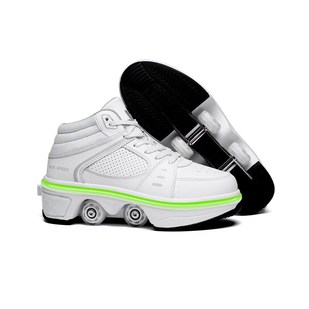 LED roller shoes glowing green, white sneakers with wheels, white background
