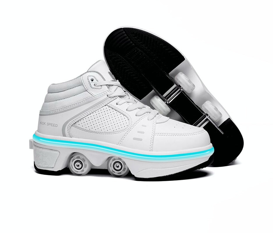 white mid top roller skate sneakers, retractable wheel system shown, white background
