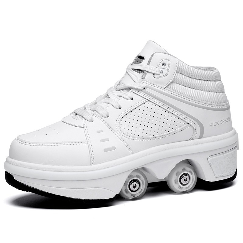 white mid top roller skate sneakers, Kick Speed original shoes with wheels on white background
