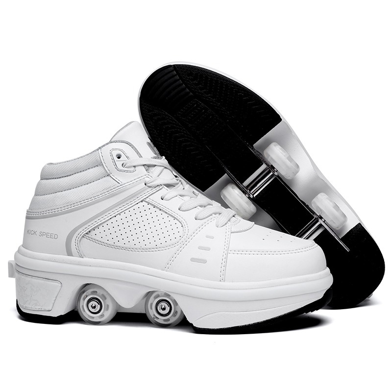 white roller skate shoes with wheels, clean studio product photo, kick speed original mid top shoes with wheels
