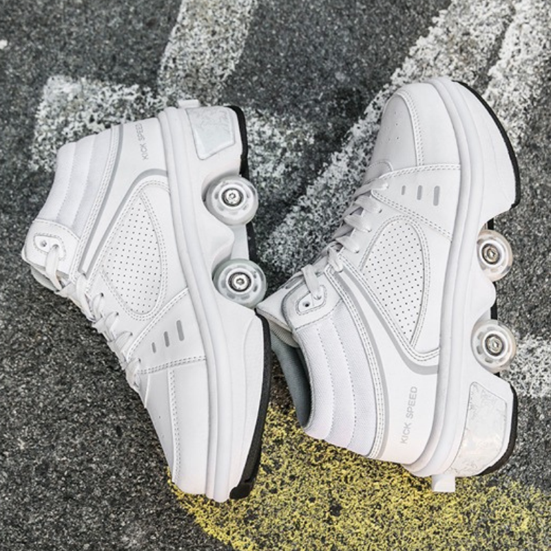 pair of Kick Speed roller skate shoes, white sneakers with wheels, outdoor close up on steps
