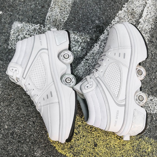 pair of Kick Speed roller skate shoes, white sneakers with wheels, outdoor close up on steps
