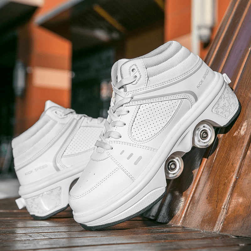 Kick Speed Original MID white 7 led shoes resting on wooden surface, trendy roller shoes for everyday use, side view outdoor photo