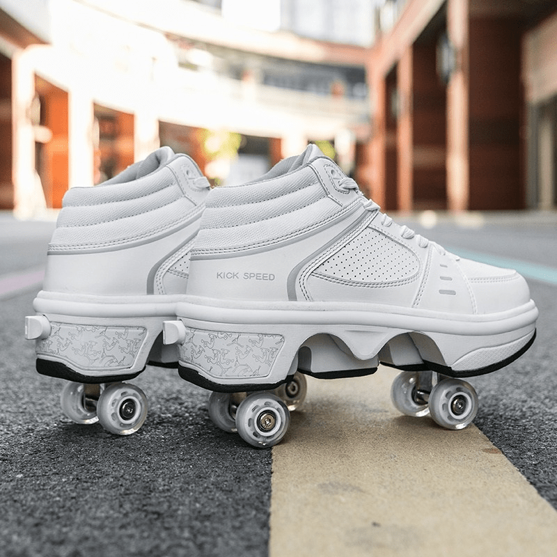 white roller skate sneakers with led lights by Kick Speed Original MID, stylish shoes with retractable wheels on pavement
