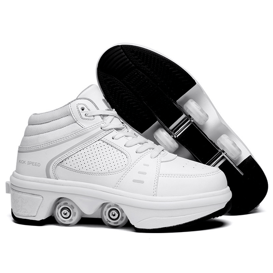 Kick Speed Original MID white roller shoes side shot, lightweight led sneakers with pop up wheels for kids and adults
