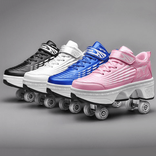 roller skate shoe collection in pink black blue and white colorways