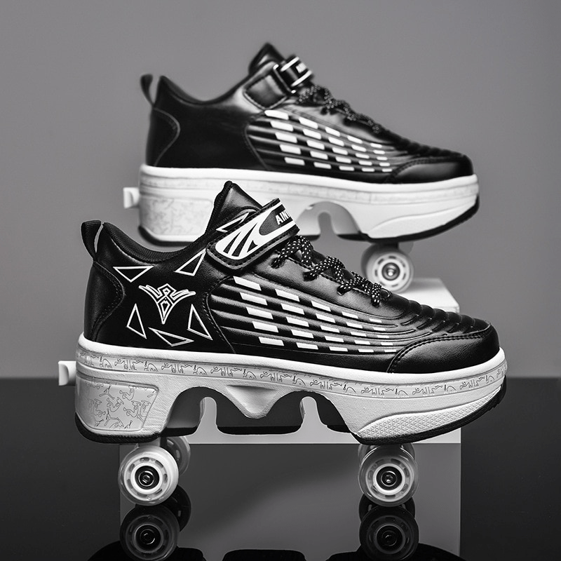 black Kick Speed roller shoes for adults standing on wheels street photo