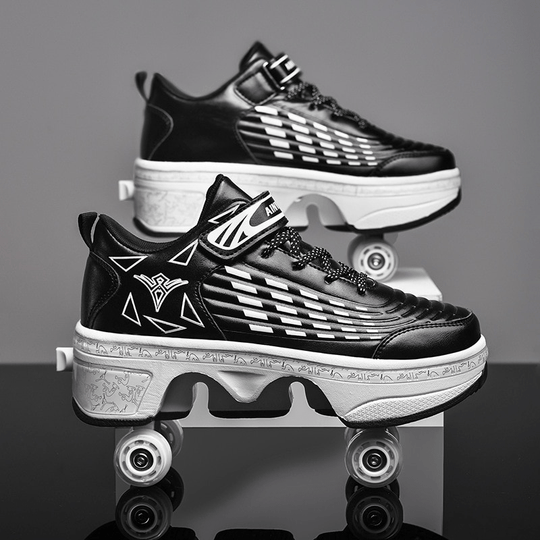 black Kick Speed roller shoes for adults standing on wheels street photo