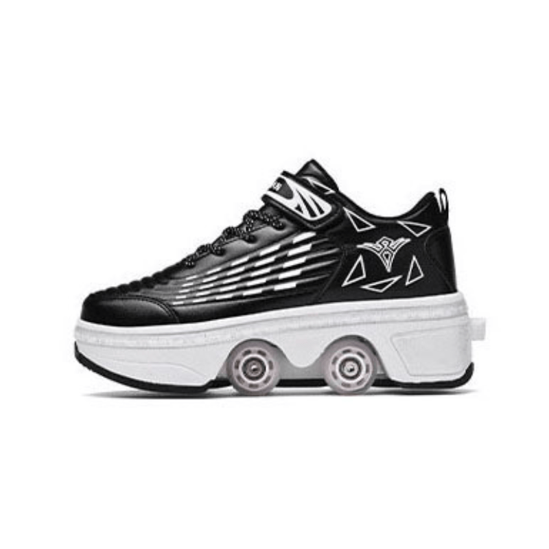 Kick Speed Striped Edition black roller skate shoes side profile studio photo on white background

