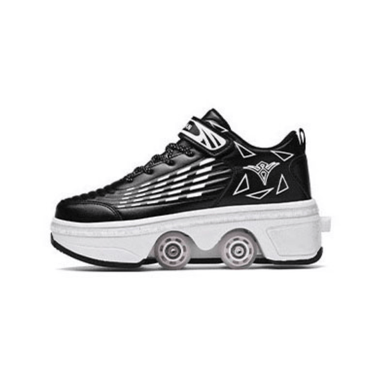 Kick Speed Striped Edition black roller skate shoes side profile studio photo on white background
