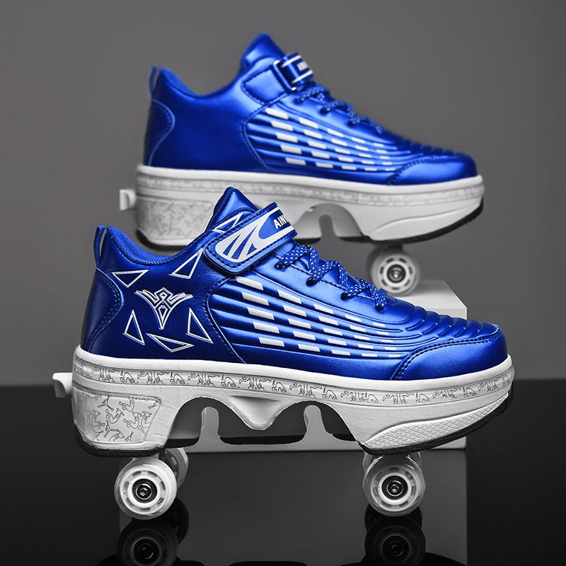 metallic blue shoes with wheels for kids studio lighting view