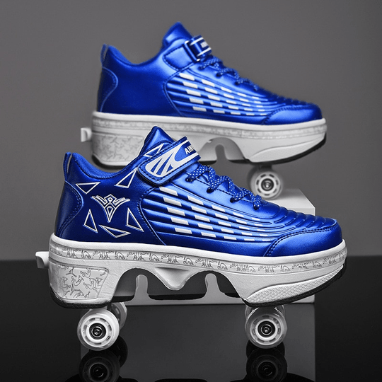 metallic blue shoes with wheels for kids studio lighting view