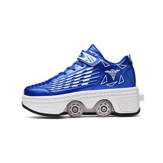 Kick Speed Striped Edition blue roller skate shoes side angle studio photo on white background
