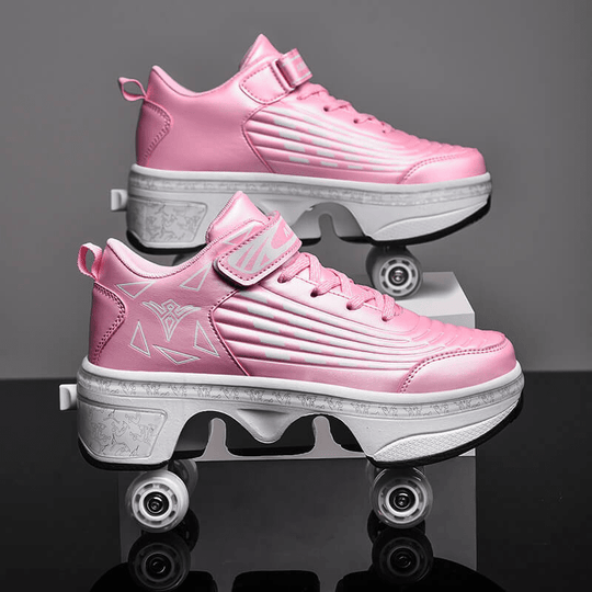 pink roller shoes for kids and girls with retractable wheels front view
