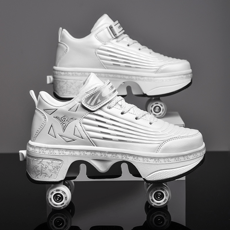white Kick Speed striped roller skate shoes for girls close-up on smooth floor