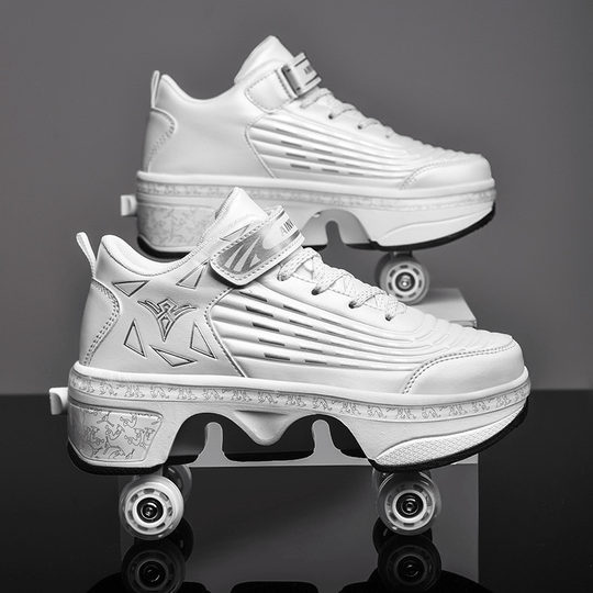 white Kick Speed striped roller skate shoes for girls close-up on smooth floor
