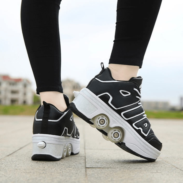 man walking in black Kick Speed retractable roller skate shoes