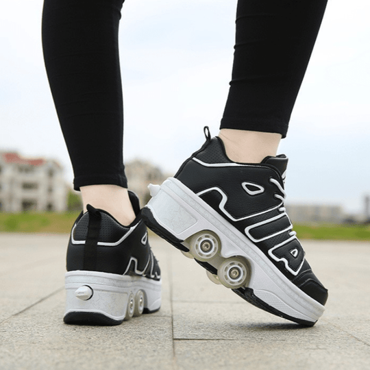 man walking in black Kick Speed retractable roller skate shoes
