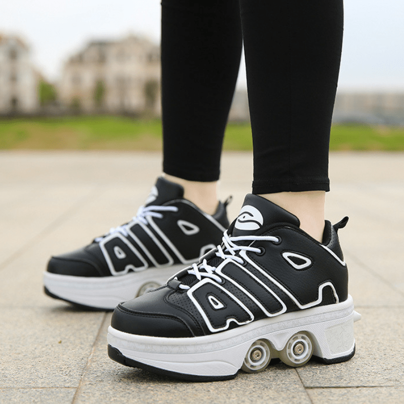 black roller skate shoes with wheels outdoor walking view