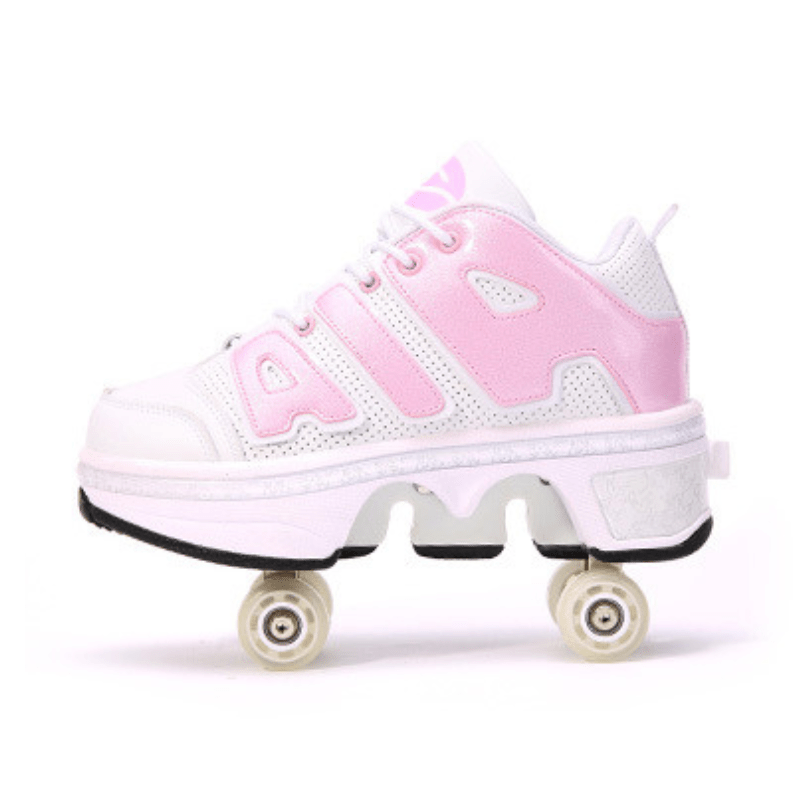 pink roller skate sneakers with wheels that pop out for kids on white background 