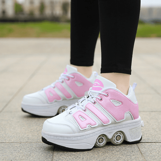 pink nike roller skate sneakers on street