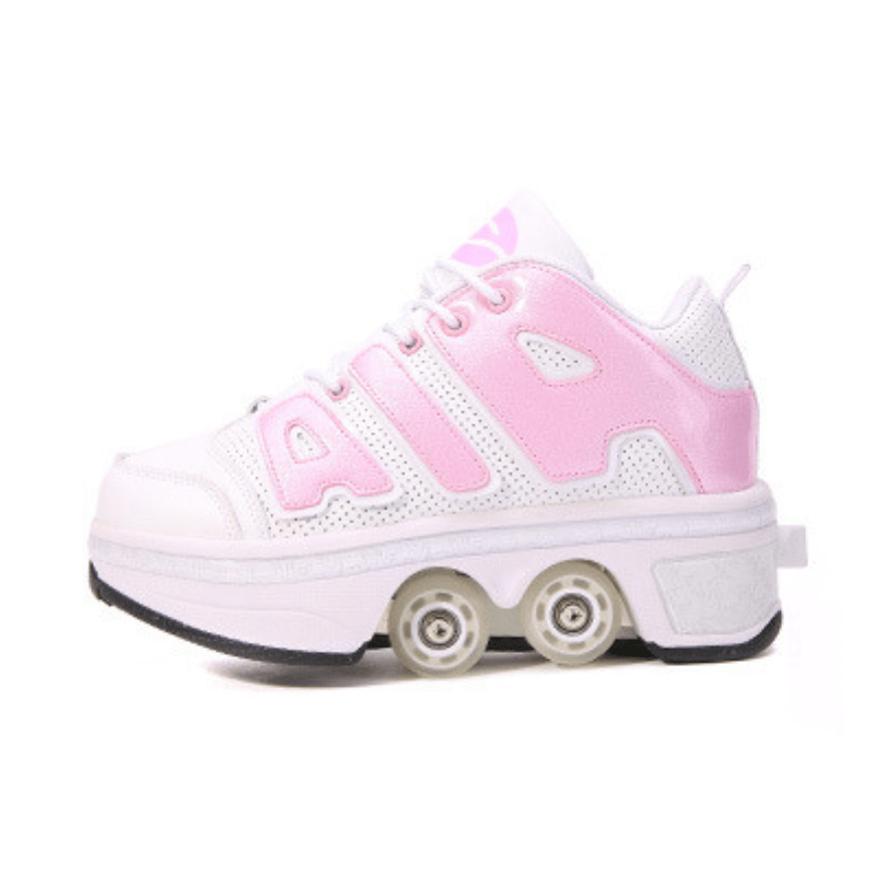 pink and white 4 wheel roller shoes studio view side angle
